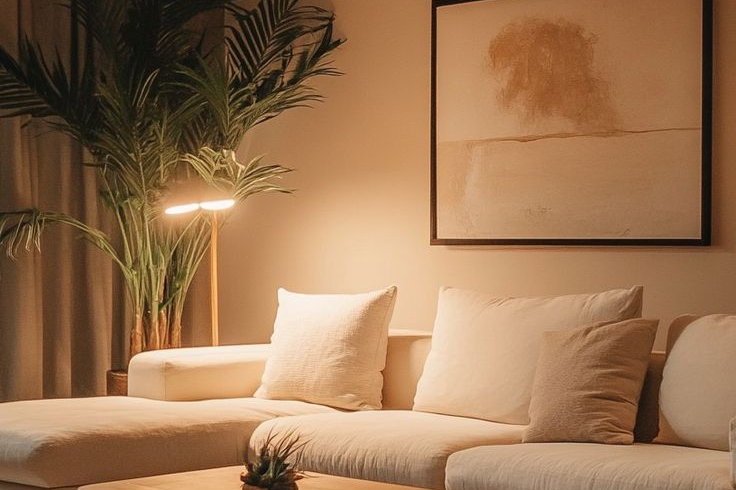 Sala de estar com iluminação quente e parede clara